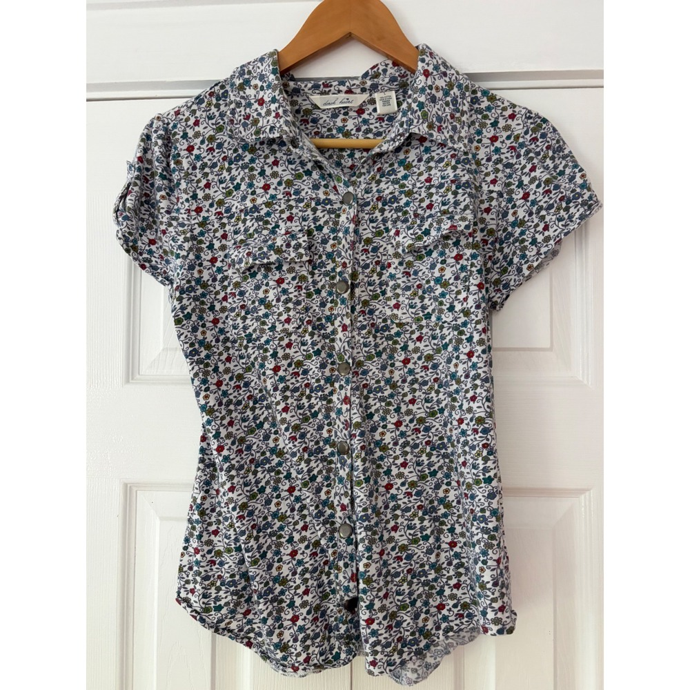 Derek Heart Womens Large Ditsy Floral Button Down Short Sleeve Cotton Shirt Top